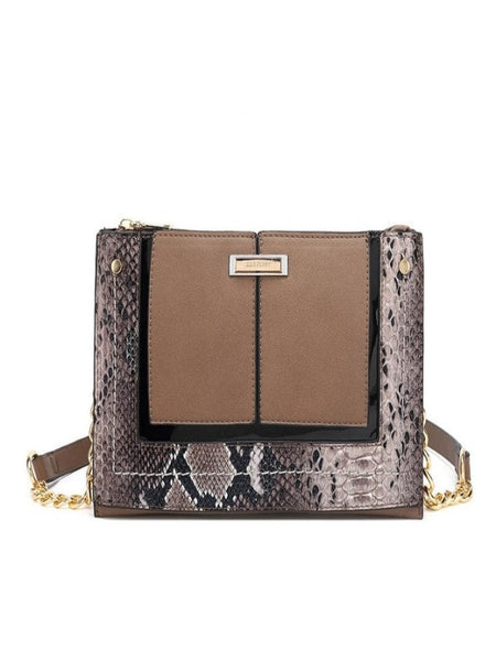 BROWN SNAKE PRINT CROSS BODY BAG WITH TWO COMPARTMENT