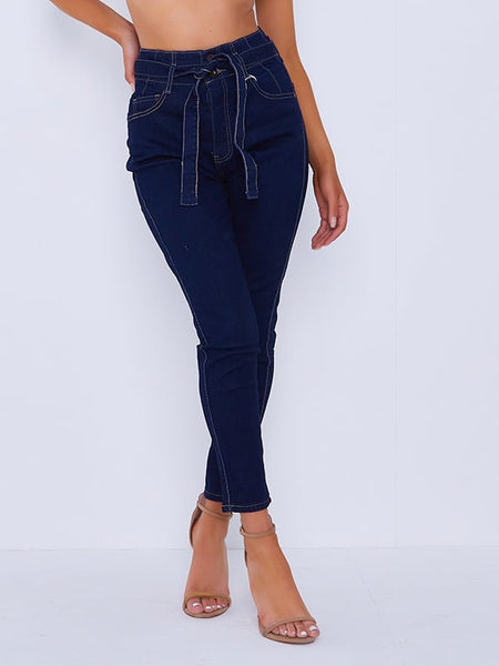 BELTED BLUE SKINNY STRAIGHT JEANS