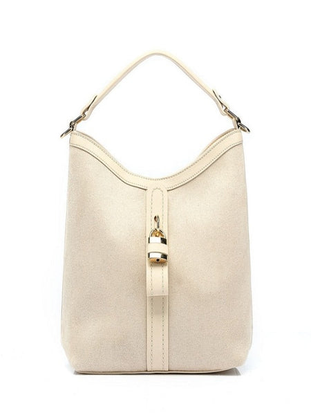 BEIGE SLOUCH BAG WITH PADLOCK.