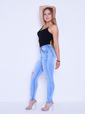 BLUE DISTRESSED MULT- RIPPED JEANS