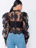 BLACK LACE PUFF SLEEVES HIGH NECK TOP