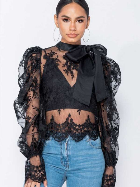 BLACK LACE PUFF SLEEVES HIGH NECK TOP