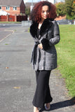 FAUX FUR SHAWL COLLAR BELTED COAT.