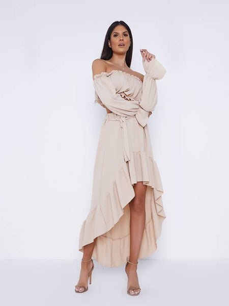 STUNNING NUDE ASYMMETRICAL SKIRT AND CO-ORDIN TOP
